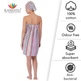 Pinstripe Women Cotton Body Wrap Bath Towel With Shower Cap - Rangoli